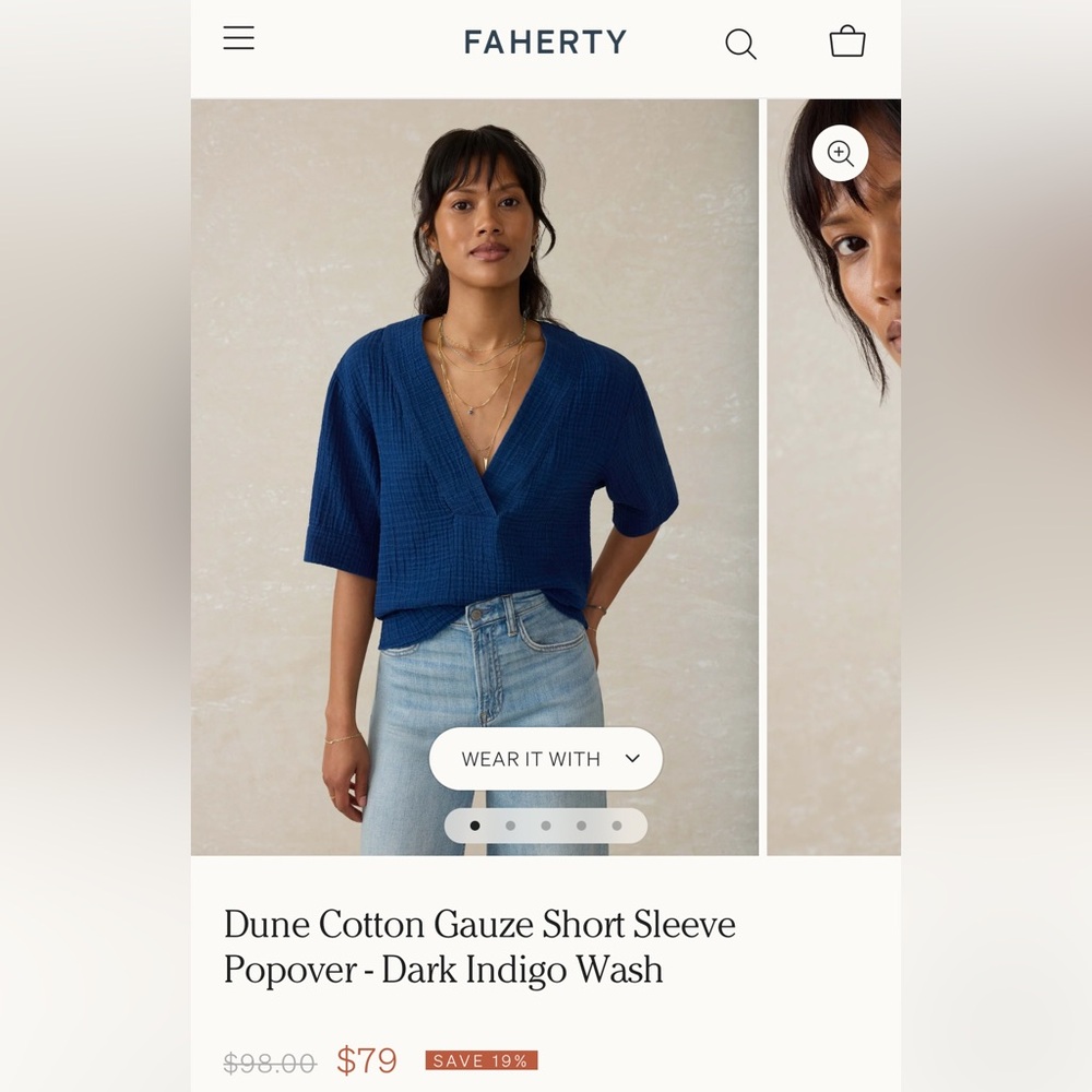 Faherty Cotton Gauze Dark Indigo Short Sleeve Shirt
